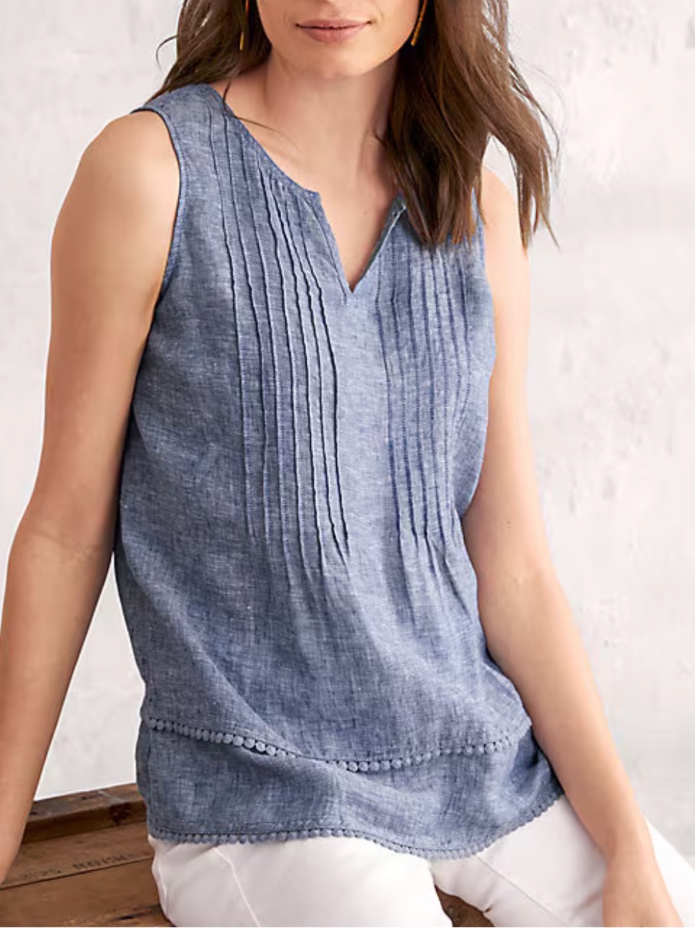 Garnet Hill | Sleeveless Pintuck Linen-Blend Top in Chambray Blue
